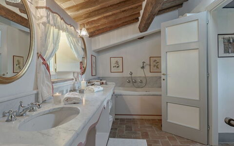 Villa Marlia: Mirror, Tap, Sink, Plumbing Fixture, Bathroom Sink, Picture Frame, Bathroom, Interior Design, Wood, Cabinetry
