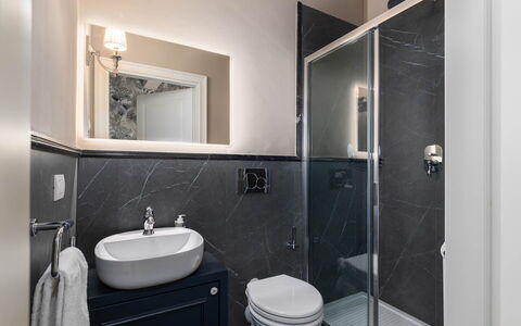 Torretta Penthouse Luxury Apartment In Florence By: Bathroom, Plumbing Fixture, Bathroom Sink, Sink, Interior Design, Flooring, Floor, Tap, Toilet, Mirror