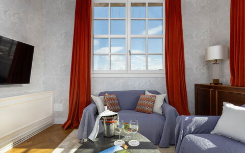 Torretta Penthouse Luxury Apartment In Florence By: Interior Design, Furniture, Flooring, Floor, Textile, Room, Home, Living Room, Apartment, Ceiling