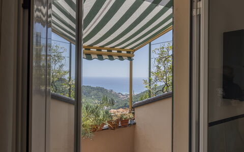 Emma House, Terrace and Sea View, Moneglia: Property, Building, Sky, Plant, Window, Shade, Wood, Architecture, Interior Design