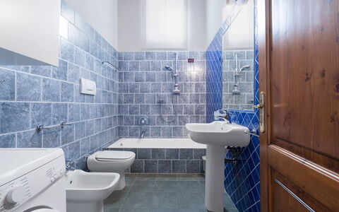 Casolare Torre With Pool And Ac: Blue, Plumbing Fixture, Flooring, Floor, Bathroom, Tile, Toilet, Sink, Plumbing, Toilet Seat