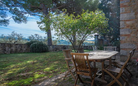 Le Fonti Apartments With Ac Near Siena: Furniture, Outdoor Furniture, Chair, Shade, Garden, Sunlight, Outdoor Table, Landscaping, Backyard, Yard