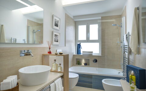 Butterfly With Beach & Breakfast Included: Mirror, Tap, Plumbing Fixture, Sink, Property, Bathroom Sink, Azure, Bathroom Cabinet, Bathroom, Purple