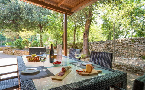 Santa Colomba House, Siena, Nature And Pool: Table, Furniture, Property, Tableware, Plant, Chair, Outdoor Table, Building, Outdoor Furniture, Lighting