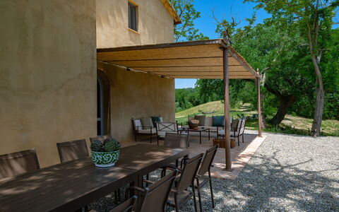 Villa Aiale: Wood, Outdoor Furniture, Furniture, Shade, Outdoor Structure, Outdoor Table, Chair, Patio, Garden, Pergola