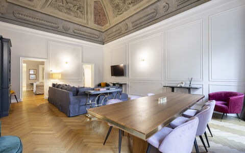 Albizi Penthouse Luxury Apartment In Florence By P: Table, Furniture, Property, Picture Frame, Building, Wood, Architecture, Interior Design, Chair, Flooring