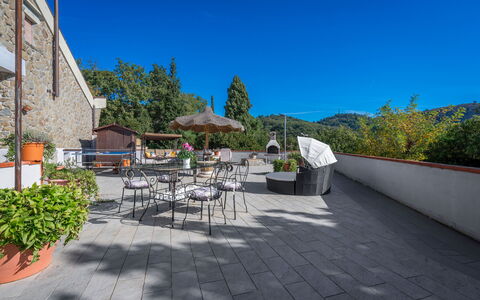 Bellavista Tuscany Apartment Panoramic Terrace: Sky, Plant, Table, Building, Flowerpot, Road Surface, Chair, Urban Design, Tree, Shade