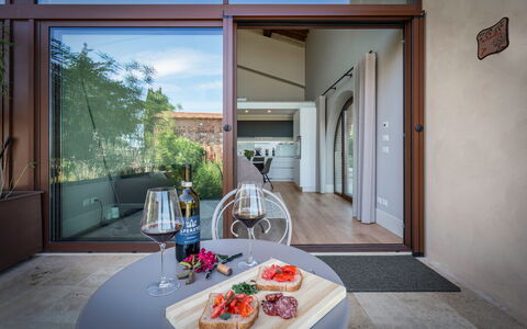 Melaiolo Modern Apartment With Pool, Montaione, To: Tableware, Table, Food, Door, Wood, Plant, Interior Design, Flooring, Floor