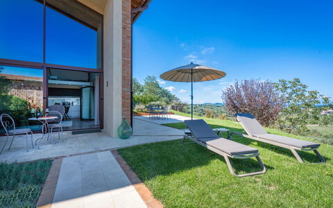 Melaiolo Modern Apartment With Pool, Montaione, To: Plant, Sky, Furniture, Property, Table, Chair, Azure, Shade, Outdoor Furniture, Architecture