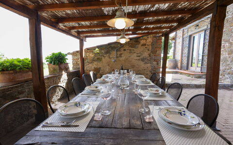 Montelucci Chianti Agrivilla: Table, Plant, Furniture, Tableware, Chair, Building, Wood, Lighting, Interior Design, Tree