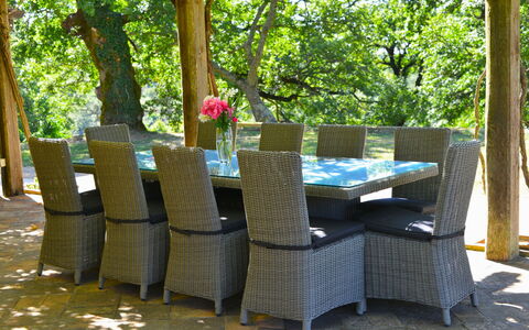 Villa Il Troscione: Furniture, Outdoor Furniture, Chair, Outdoor Table, Shade, Patio, Wicker, Garden, Kitchen & Dining Room Table, Backyard