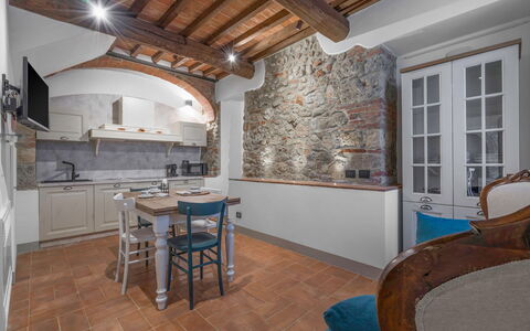 Le Torri, Borgo Campassini, Monteriggioni: Wall, Interior Design, Furniture, Flooring, Ceiling, Floor, Lighting, Kitchen, Countertop, Room