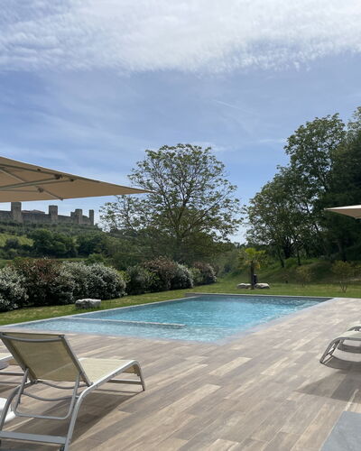 Le Torri, Borgo Campassini, Monteriggioni: Swimming Pool, Outdoor Furniture, Furniture, Sunlounger, Chair, Composite Material, Shade, Garden, Resort, Umbrella