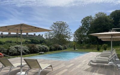 La Piazzetta, Borgo Campassini, Monteriggioni: Swimming Pool, Outdoor Furniture, Furniture, Sunlounger, Chair, Composite Material, Shade, Garden, Resort, Umbrella