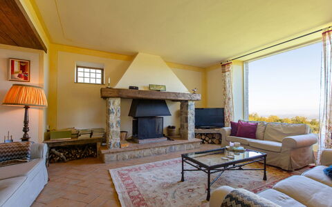 Villa la Felce: Furniture, Interior Design, Wood, Ceiling, Flooring, Floor, Room, Chair, Living Room, Couch