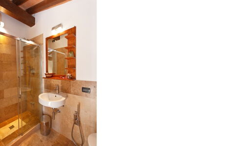 Podere della Bruciata: Flooring, Interior Design, Wall, Plumbing Fixture, Floor, Bathroom, Wood, Ceiling, Bathroom Sink, Sink