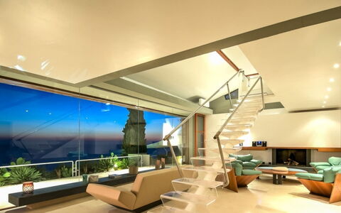 Villa Cala Moresca: Interior Design, Furniture, Flooring, Ceiling, Floor, Architecture, Living Room, Table, Lighting, Chair