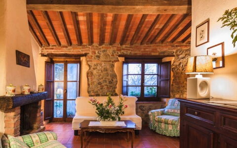 Podere Contignano: Wall, Furniture, Chair, Flowerpot, Houseplant, Brick, Stone Wall, Villa, Farmhouse, Living Room