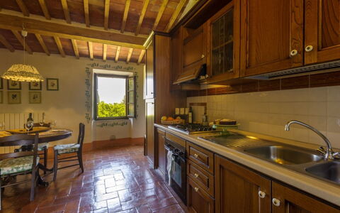 Podere Contignano: Furniture, Flooring, Interior Design, Home, Kitchen, Room, Countertop, Cabinetry, Home Appliance, Kitchen & Dining Room Table