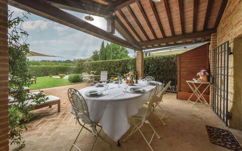 Villa Zambra: Furniture, Table, Chair, Kitchen & Dining Room Table, Brick, Garden, Outdoor Furniture, Backyard, Outdoor Table, Eco Hotel