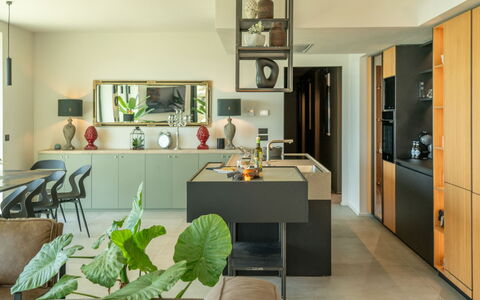 Villa Feronia: Furniture, Interior Design, Kitchen, Countertop, Wood, Ceiling, Flooring, Light Fixture, Cabinetry, Lighting