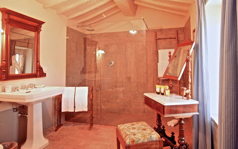 Villa Sagrantino: Interior Design, Wood, Flooring, Floor, Furniture, Lighting, Plumbing Fixture, Ceiling, Bathroom, Bathroom Sink