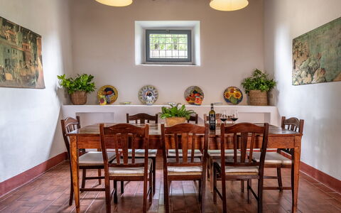 In the Heart of Chianti, Pool, Wifi, View - Lillia: Furniture, Table, Interior Design, Wood, Dining Room, Kitchen & Dining Room Table, Flooring, Chair, Picture Frame, Lighting