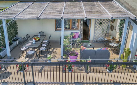 Casamia Tuscan Oasis: 4Br Panoramic Penthouse, Sky: Furniture, Table, Chair, Flowerpot, Outdoor Furniture, Porch, Shade, Outdoor Table, Balcony, Outdoor Structure