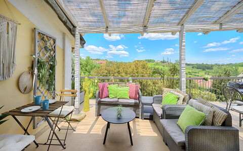 Casamia Tuscan Oasis: 4Br Panoramic Penthouse, Sky: Furniture, Chair, Outdoor Furniture, Table, Outdoor Table, Kitchen & Dining Room Table, Porch, Patio, Balcony, Shade
