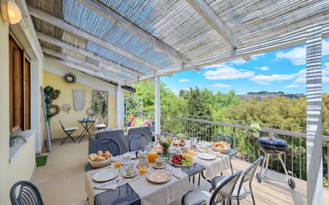 Casamia Sky-High Panoramic Retreat: Penthouse with: Furniture, Outdoor Furniture, Chair, Table, Outdoor Table, Kitchen & Dining Room Table, Shade, Porch, Eco Hotel, Patio