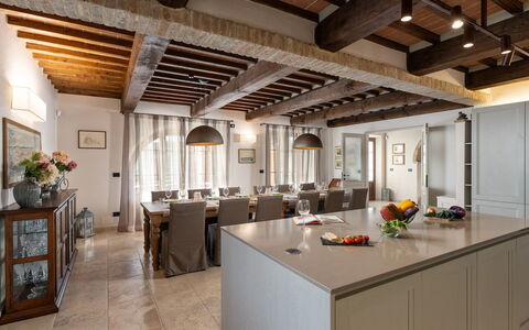 Villa Cortona: Eco-Sustainable Luxury Estate with: Furniture, Interior Design, Flooring, Wood, Ceiling, Floor, Kitchen, Table, Light Fixture, Lighting