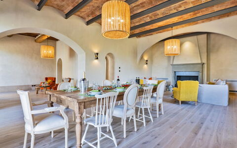 Villa del Mangia, 5Panoramic Pool and Chef Service: Furniture, Interior Design, Flooring, Wall, Table, Floor, Wood, Ceiling, Chair, Dining Room