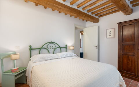 Marielena Authentic Chianti Retreat: Panoramic Vie: Wall, Bedroom, Furniture, Bed, Interior Design, Ceiling, Floor, Flooring, Bedding, Bed Sheet