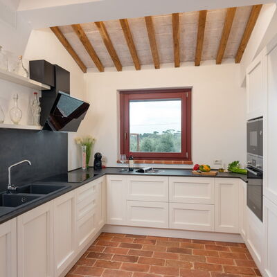 Marielena Authentic Chianti Retreat: Panoramic Vie: Kitchen, Countertop, Interior Design, Flooring, Kitchen Appliance, Cabinetry, Wood, Furniture, Floor, Home