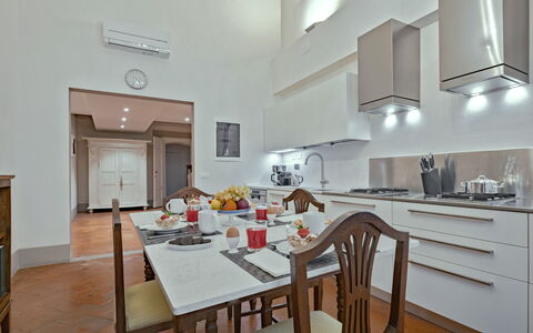 Elegant Suite: Florence Apartment with View on Med: Kitchen, Interior Design, Kitchen Appliance, Furniture, Flooring, Major Appliance, Countertop, Ceiling, Home Appliance, Room