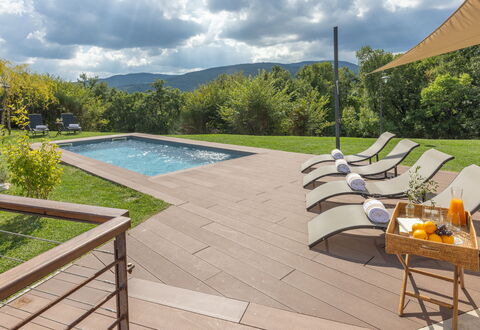 Villa Airone Tegoni, Pool, Radicondoli: Outdoor Furniture, Swimming Pool, Composite Material, Deck, Wood Flooring, Hardwood, Flagstone, Shade, Garden, Sunlounger