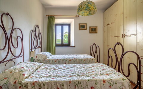 Casa La Cedrina, Pool, Lornano: Wall, Bedroom, Bed, Furniture, Bedding, Interior Design, Linens, Bed Sheet, Bed Frame, Room