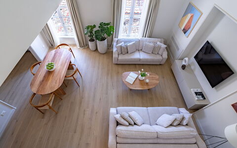 Elegant Apartments Near the Duomo: Furniture, Interior Design, Flooring, Couch, Floor, Wood, Living Room, Table, Wood Flooring, Room