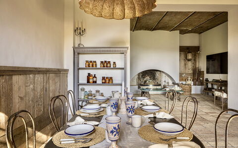 Villa Chiovada: Furniture, Interior Design, Table, Tableware, Lighting, Serveware, Kitchen & Dining Room Table, Dining Room, Room, Chair