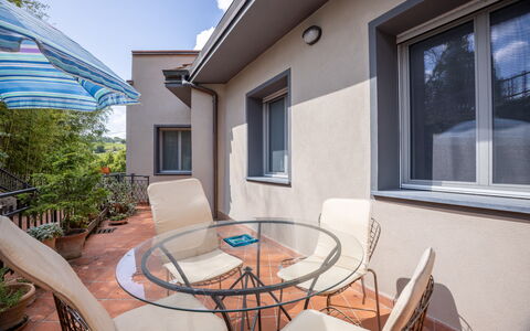 Il Ferrone Apartment with Garden - Greve in Chiant: Home, Furniture, Apartment, Chair, Balcony, Shade, Daylighting, Wood Stain, Houseplant, Outdoor Furniture