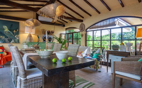 Podere la Botte, Pool, Lari: Furniture, Interior Design, Table, Chair, Wood, Kitchen & Dining Room Table, Ceiling, Flooring, Dining Room, Lighting