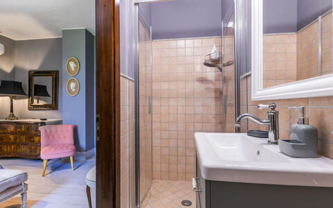 Podere la Botte, Pool, Lari: Bathroom, Interior Design, Wall, Plumbing Fixture, Flooring, Floor, Sink, Mirror, Bathtub, Bathroom Sink