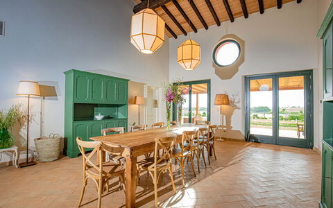Villa Lodolaio: Furniture, Interior Design, Ceiling, Table, Flooring, Kitchen & Dining Room Table, Chair, Dining Room, Light Fixture, Chandelier