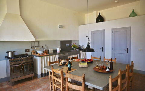 Casale Il Rondò, Private Pool, Città della Pieve: Furniture, Flooring, Kitchen, Interior Design, Wood, Ceiling, Countertop, Kitchen Appliance, Floor, Lighting