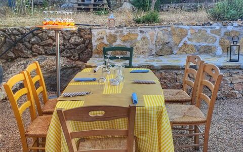 La Torre sul Ponte, Seaview, Garden: Furniture, Table, Kitchen & Dining Room Table, Chair, Outdoor Furniture, Outdoor Table, Restaurant, Wood Stain, Dining Room, Tablecloth