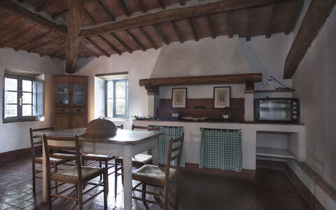 Podere Sangiovese, Pool and View in Chianti: Furniture, Interior Design, Flooring, Wood, Ceiling, Kitchen, Floor, Kitchen & Dining Room Table, Table, Chair