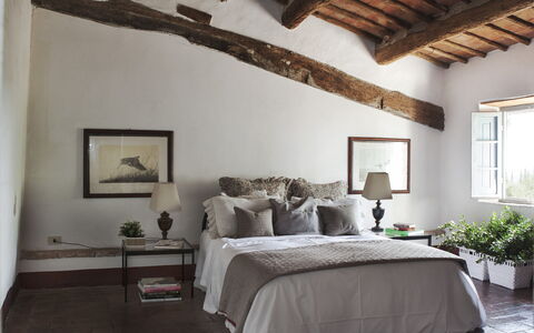 Podere Sangiovese, Pool and View in Chianti: Furniture, Wall, Interior Design, Bedroom, Bed, Flooring, Ceiling, Floor, Linens, Home