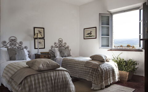 Podere Sangiovese, Pool and View in Chianti: Bedroom, Furniture, Bed, Linens, Bedding, Bed Sheet, Bed Frame, Home, Pillow, Room