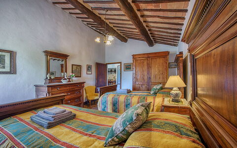 Medieval Castle Living: Vineyards, Swimming Pool &: Furniture, Bed, Bedroom, Interior Design, Ceiling, Room, Bed Sheet, Bedding, Bed Frame, Flooring