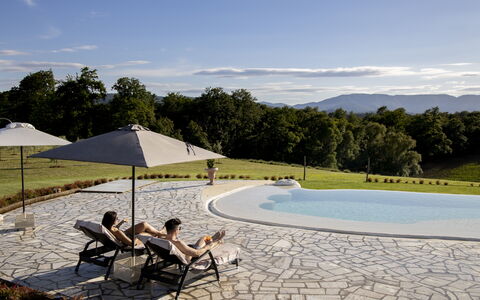 Le Tre Virtù Luxury Relais, Private Pool, Mugello: Outdoor Furniture, Leisure, Swimming Pool, Recreation, Shade, Umbrella, Vacation, Sunlounger, Park